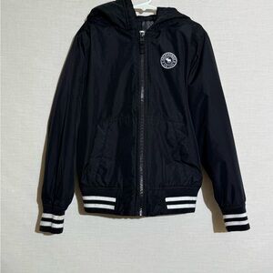 Abercrombie Kids Black Hooded Jacket Size 7/8 – Logo Patch, Striped Trim